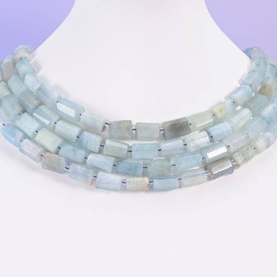 Aquamarine beads, faceted tube, 12x8mm