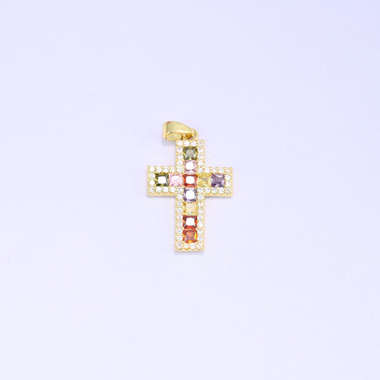 Zirconia cross charm in 18K gold plated brass framed by a border of clear pave stones