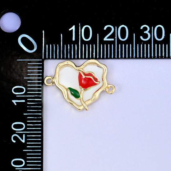 Enamel Heart Rose Double Connector Pendants: 18K Gold Plated, Jewelry Making Supply