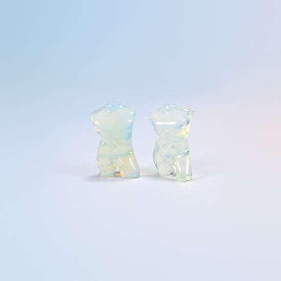 Two opalite male goddess torso carvings, 1.3 inch, glowing man-made glass