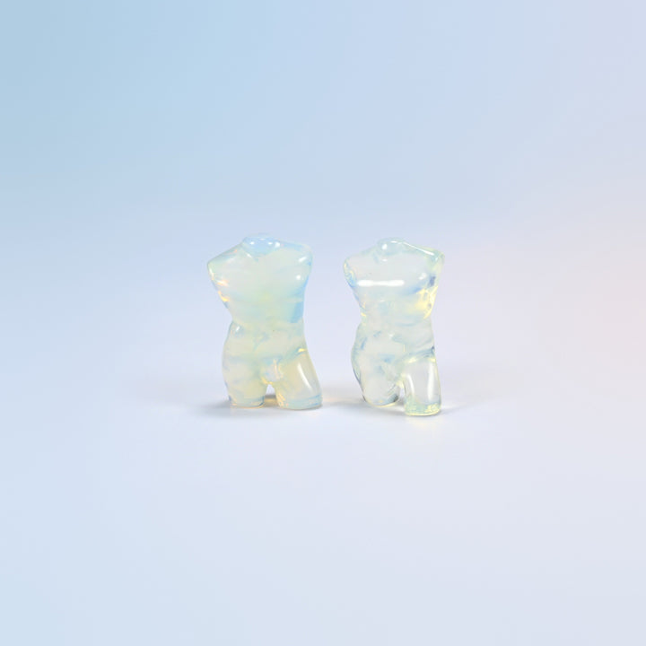 Two opalite male goddess torso carvings, 1.3 inch, glowing man-made glass