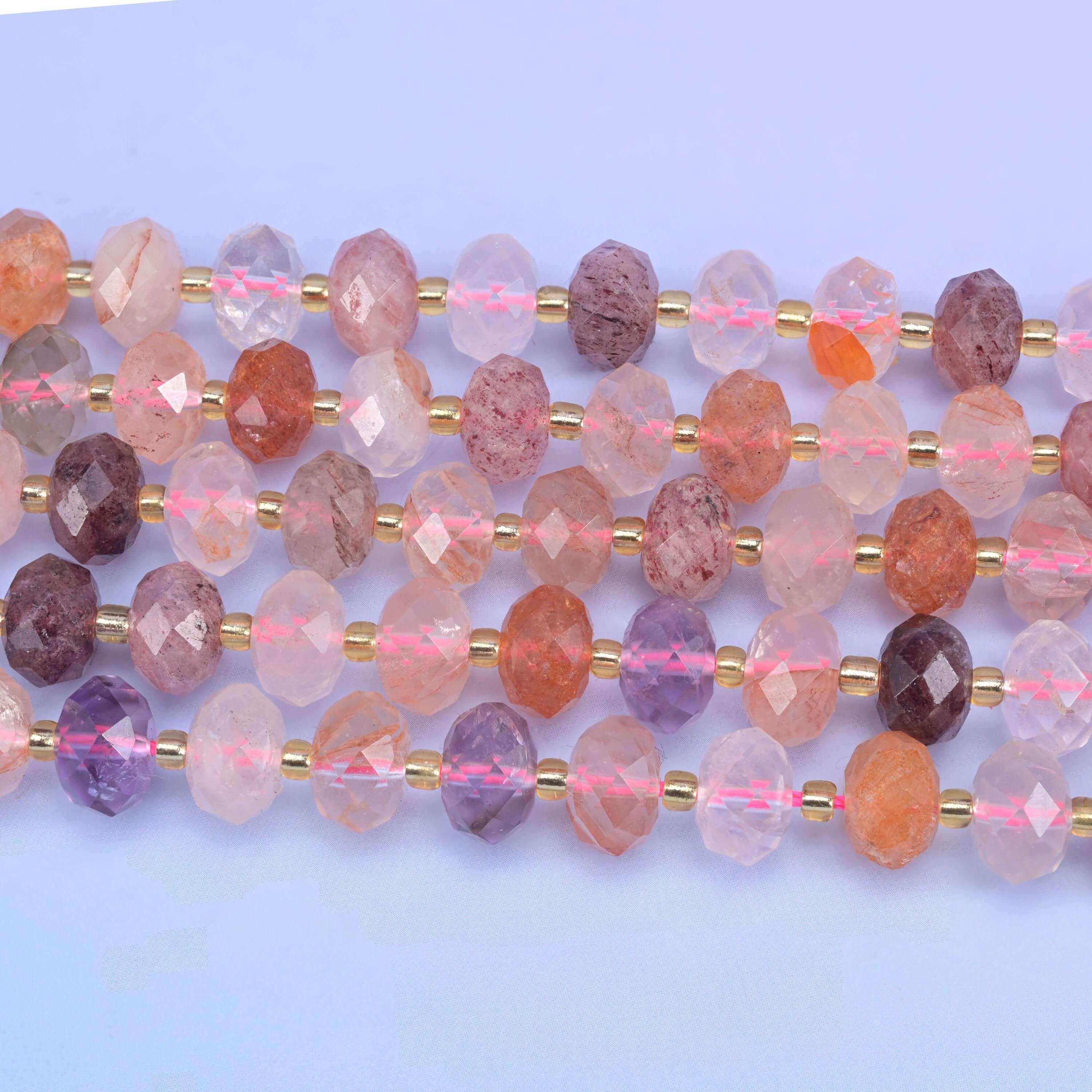 Strawberry Phantom Quartz Faceted Rondelle Beads, 15.5 inch strand
