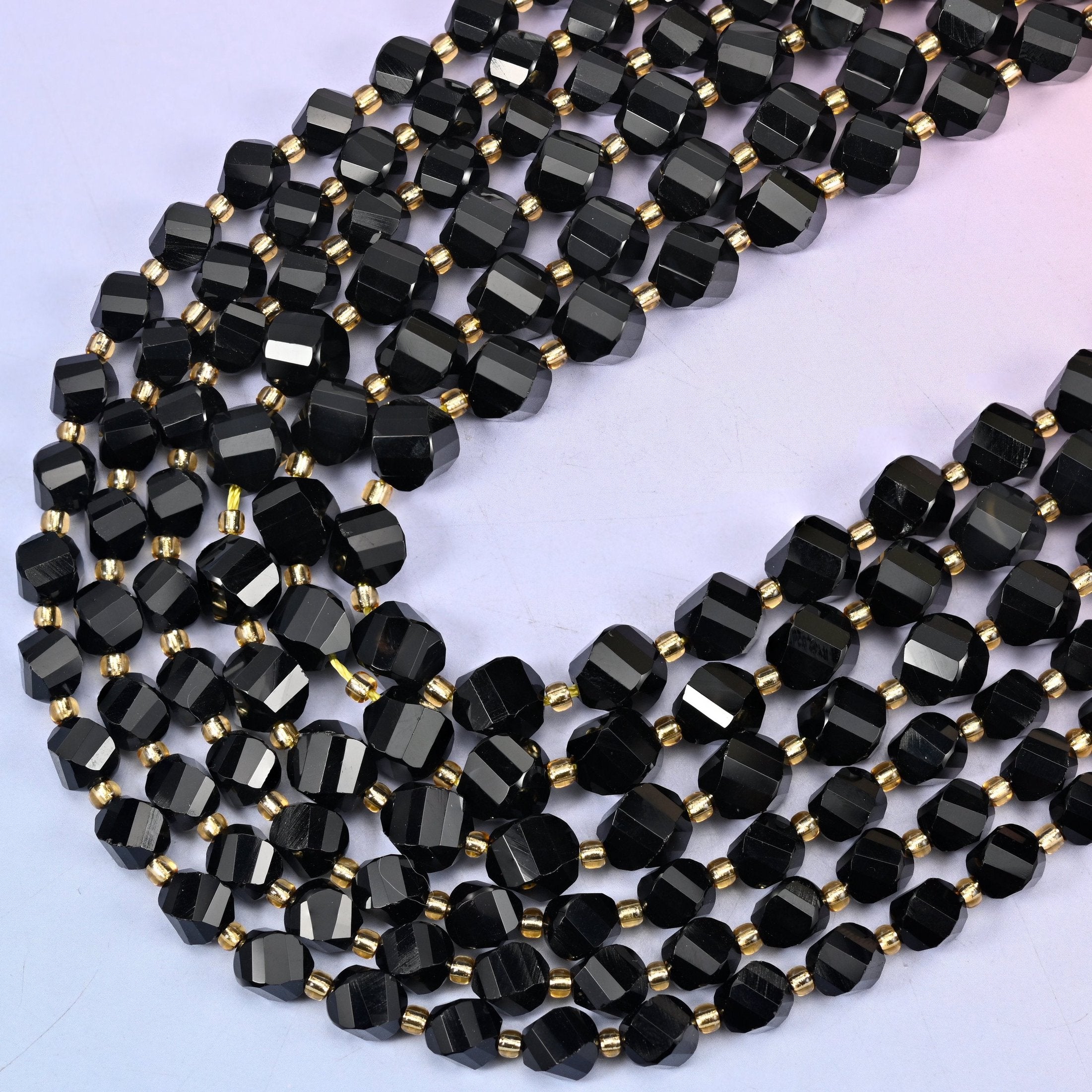 Jet Black Onyx Faceted Spiral Twist Beads 8mm 10mm, 15 inch strand