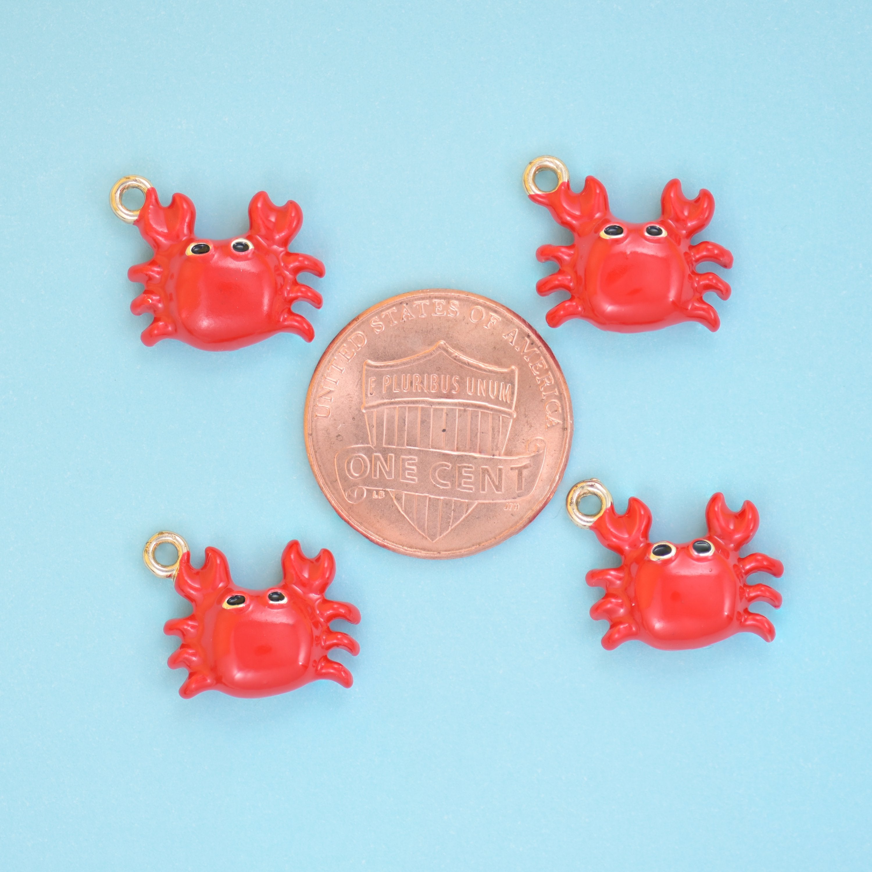 Enamel crab charms shown at actual size, 13.98 x 11.14mm red crab charms for bracelets and necklaces