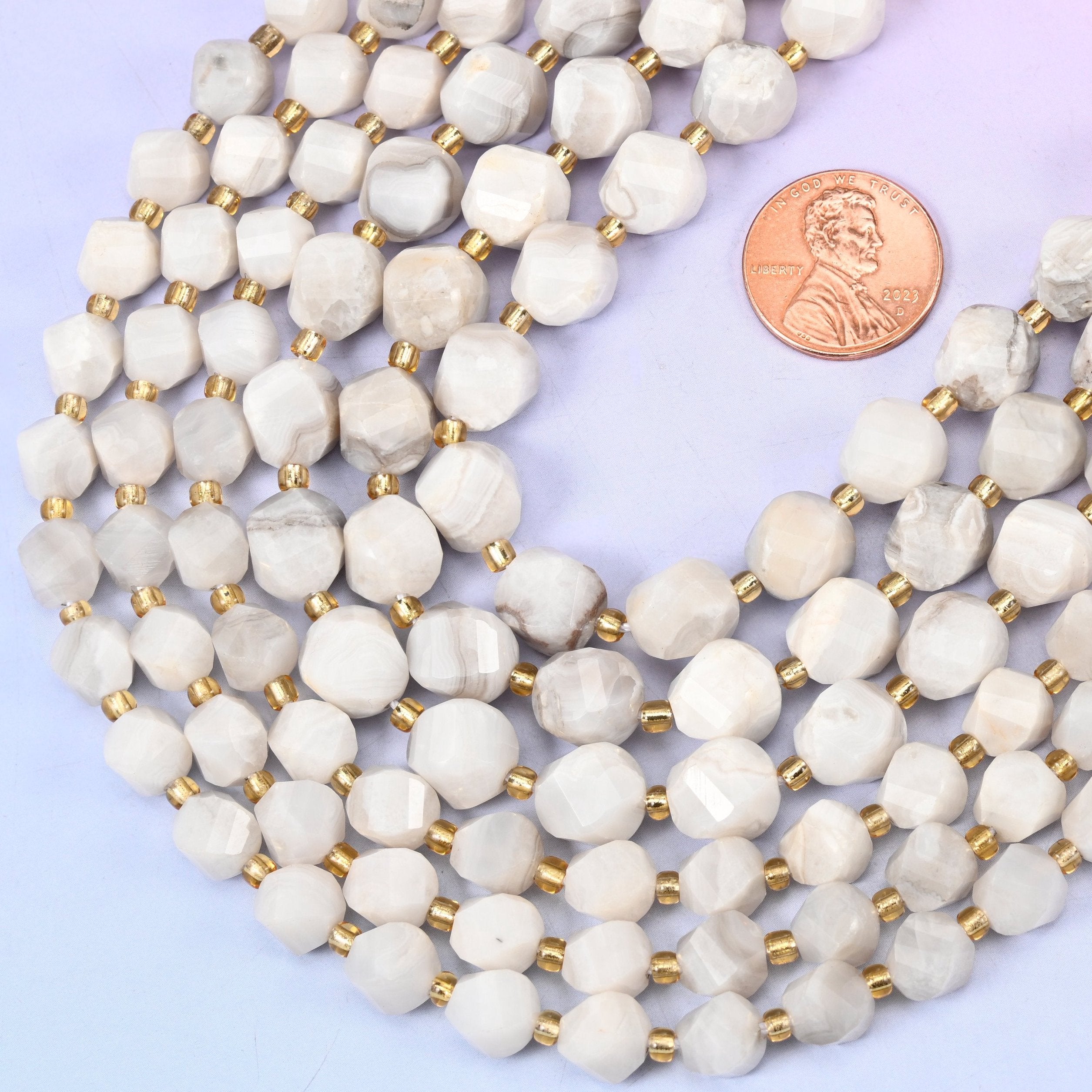 Faceted spiral twist cut natural white crazy agate beads