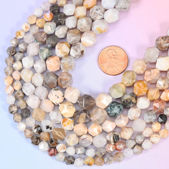 Faceted diamond star cut round cut bamboo agate beads