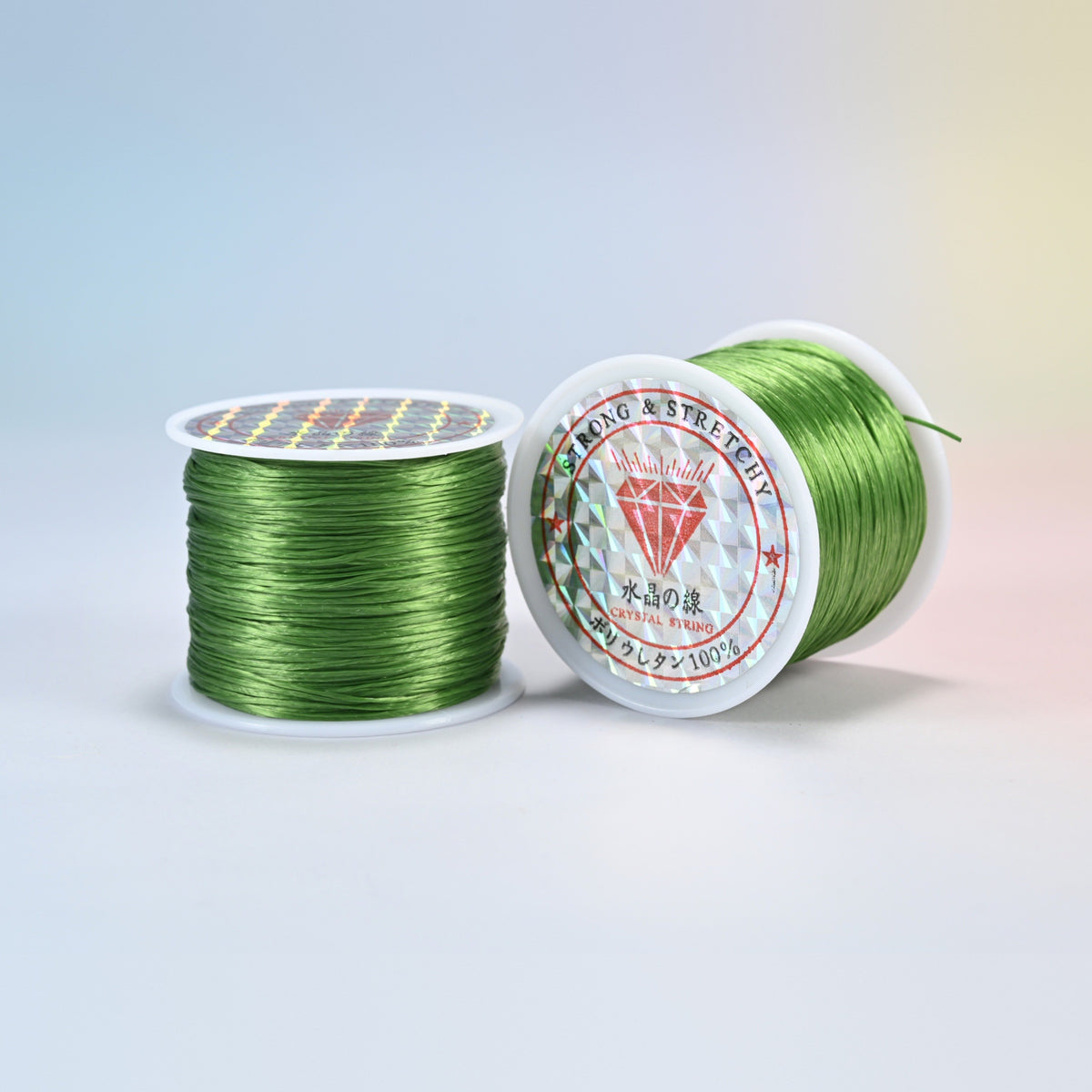 Two rolls of olive green 0.7-0.8mm elastic stretch string, glossy polyurethane bead cord with a holographic label