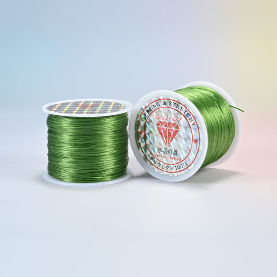 Two rolls of olive green 0.7-0.8mm elastic stretch string, glossy polyurethane bead cord with a holographic label
