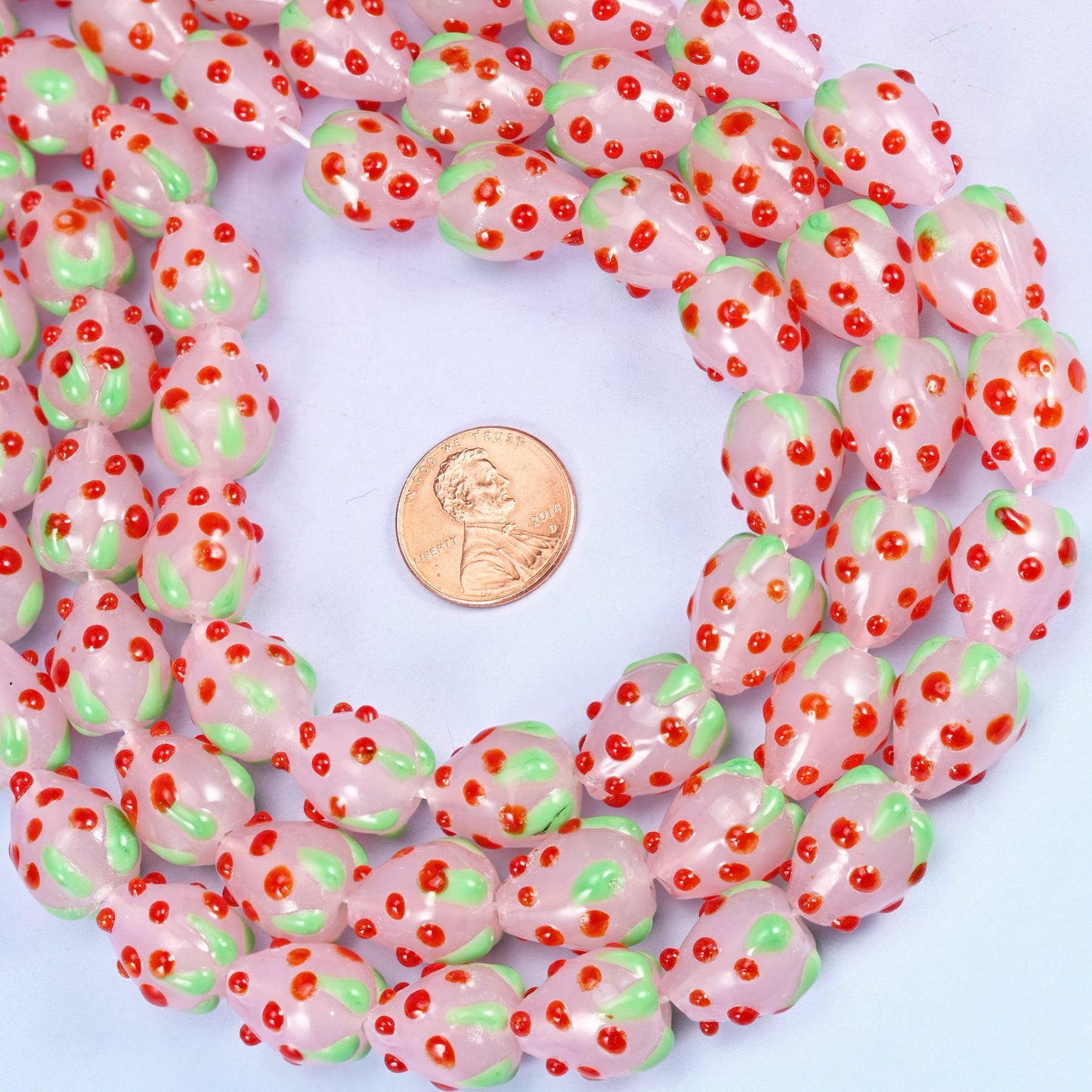 Pink Red Dots Strawberry Glass Beads, sold per 12 inch strand, 20 beads