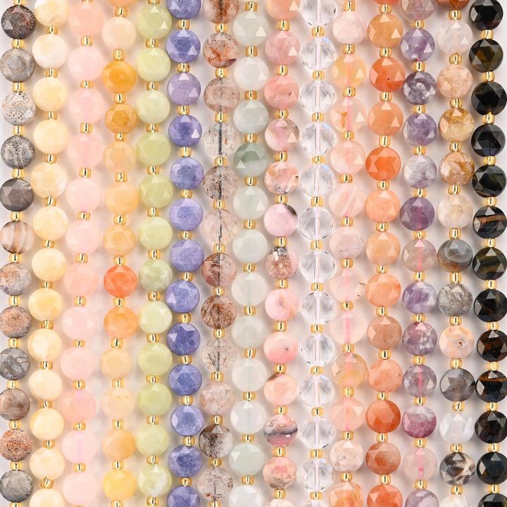Natural Gemstone Coin and Disc Beads, offered in 30 stone varieties, each strand a single gemstone.
