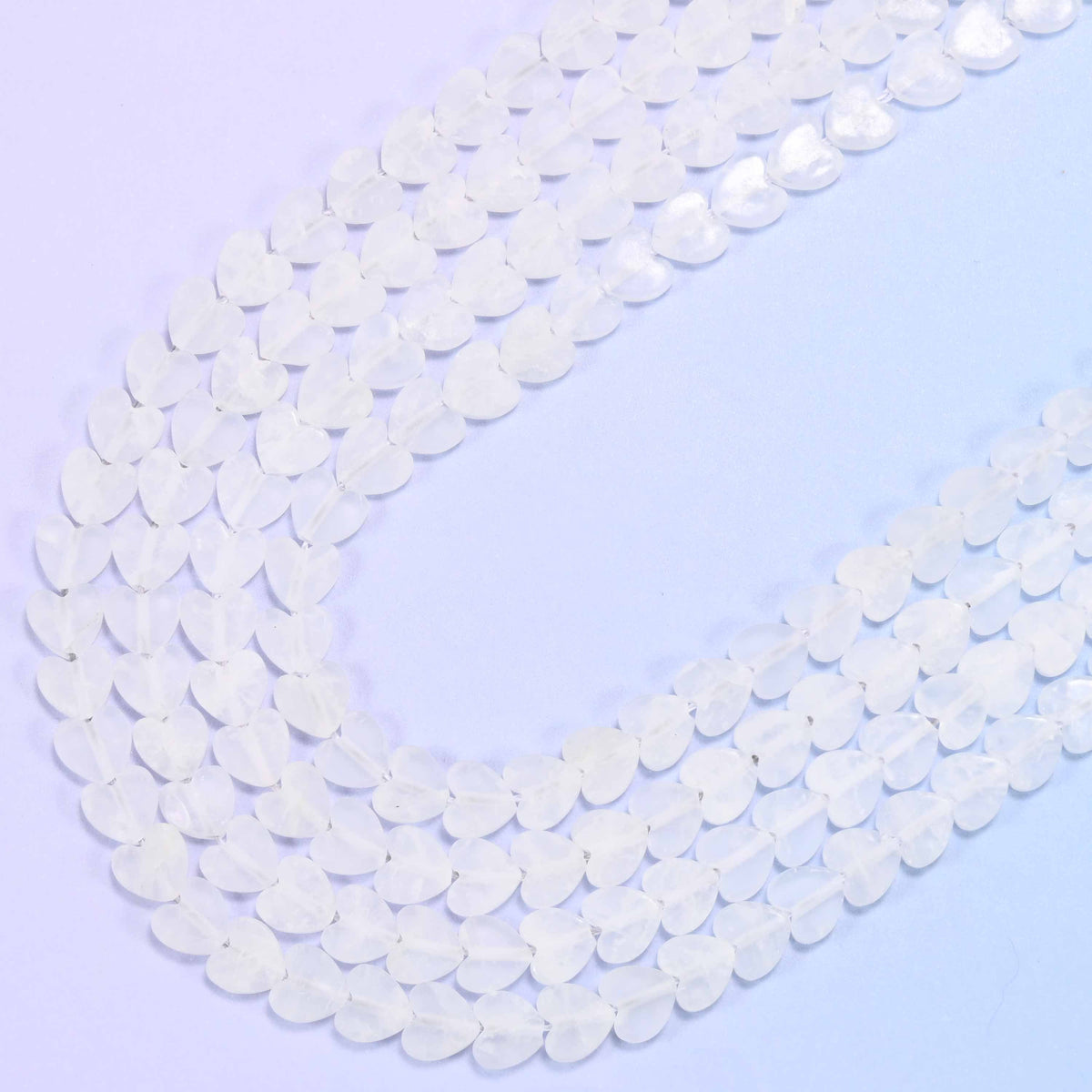 Matte clear quartz flat heart beads, 15 inch strand