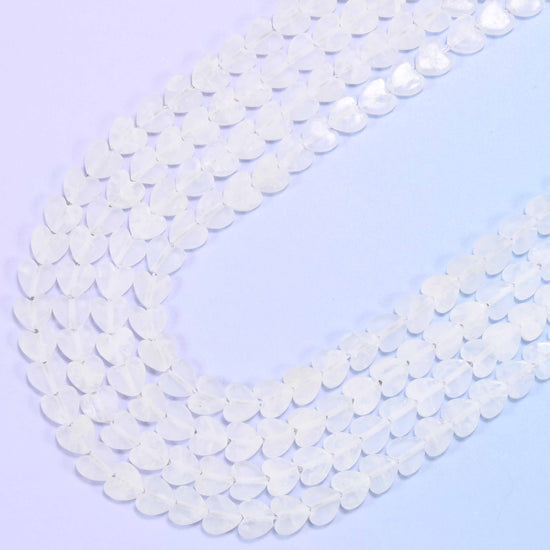 Matte clear quartz flat heart beads, 15 inch strand