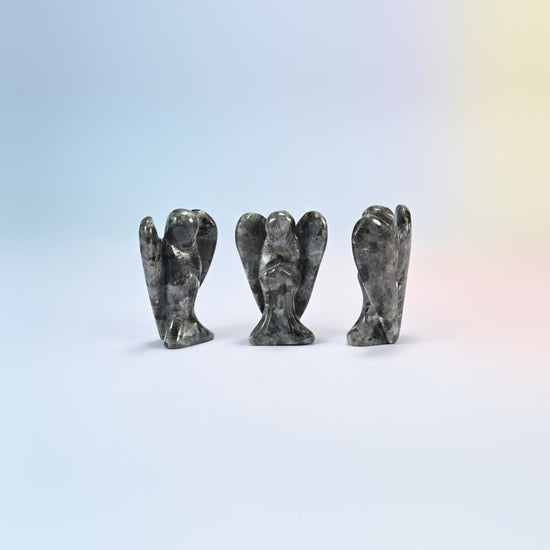 Three natural black labradorite guardian angel carvings, dark gray with silver flecks, 2 inch