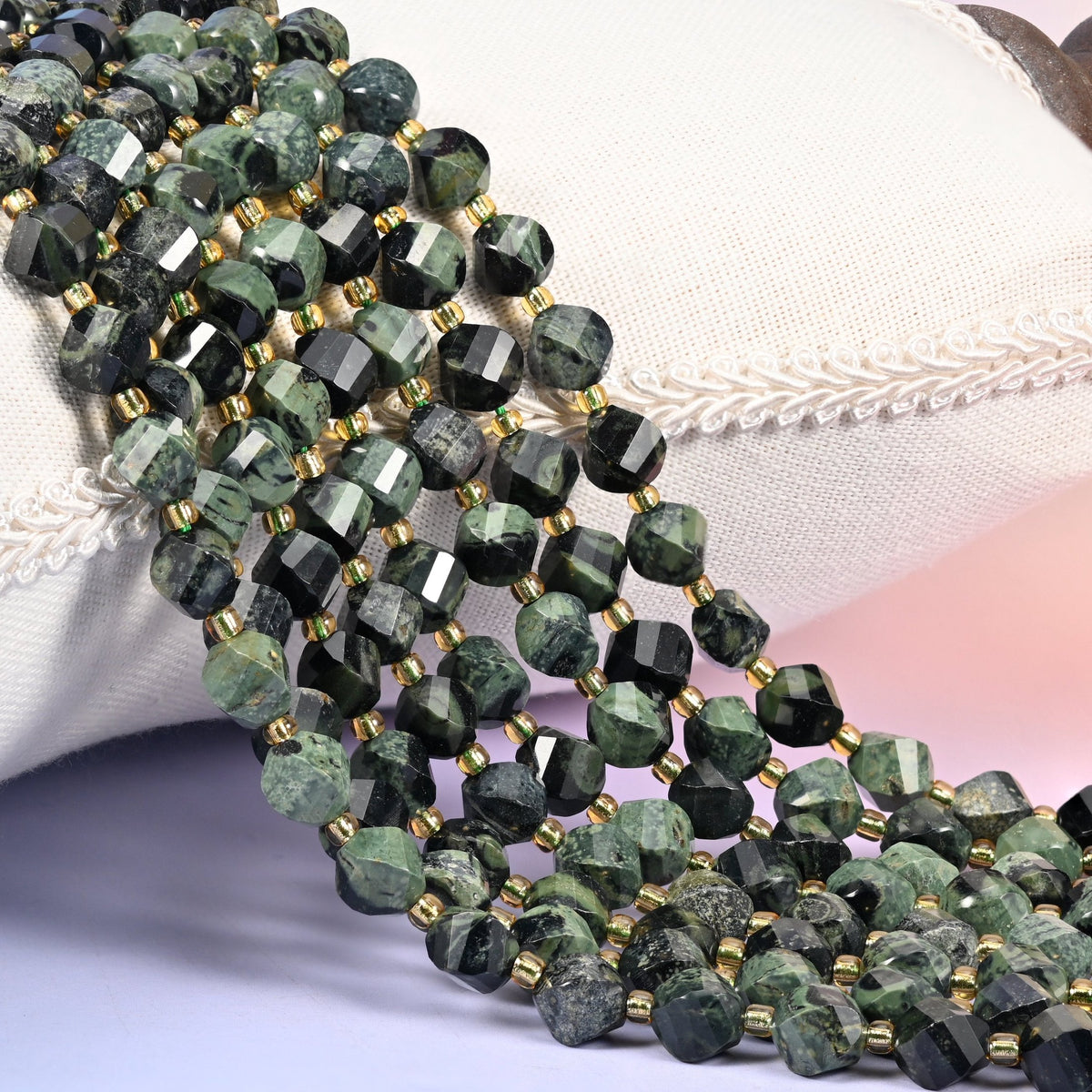 Kambaba Jasper faceted spiral twist beads