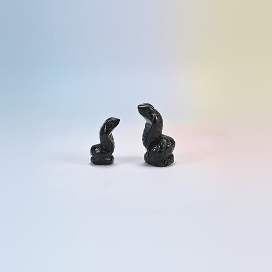 Cobra snake crystal carving in black obsidian, glossy black natural stone