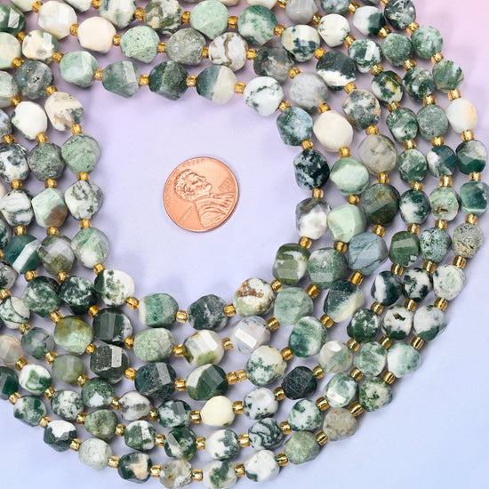 Tree Agate Faceted Spiral Twist Beads, milky white agate crossed by deep forest and moss green branching