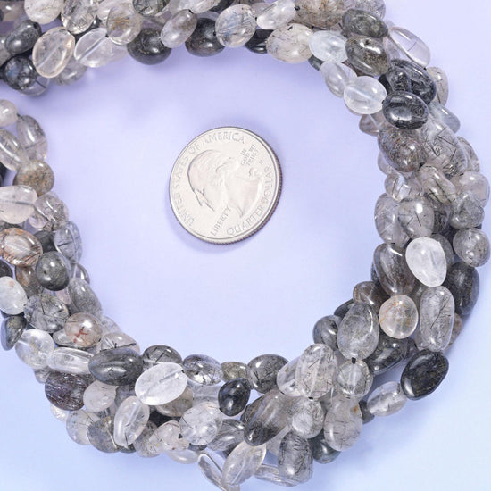Black Rutilated Quartz Pebble Beads 6-8mm 8-12mm Jewelry Making 15.5" Strand
