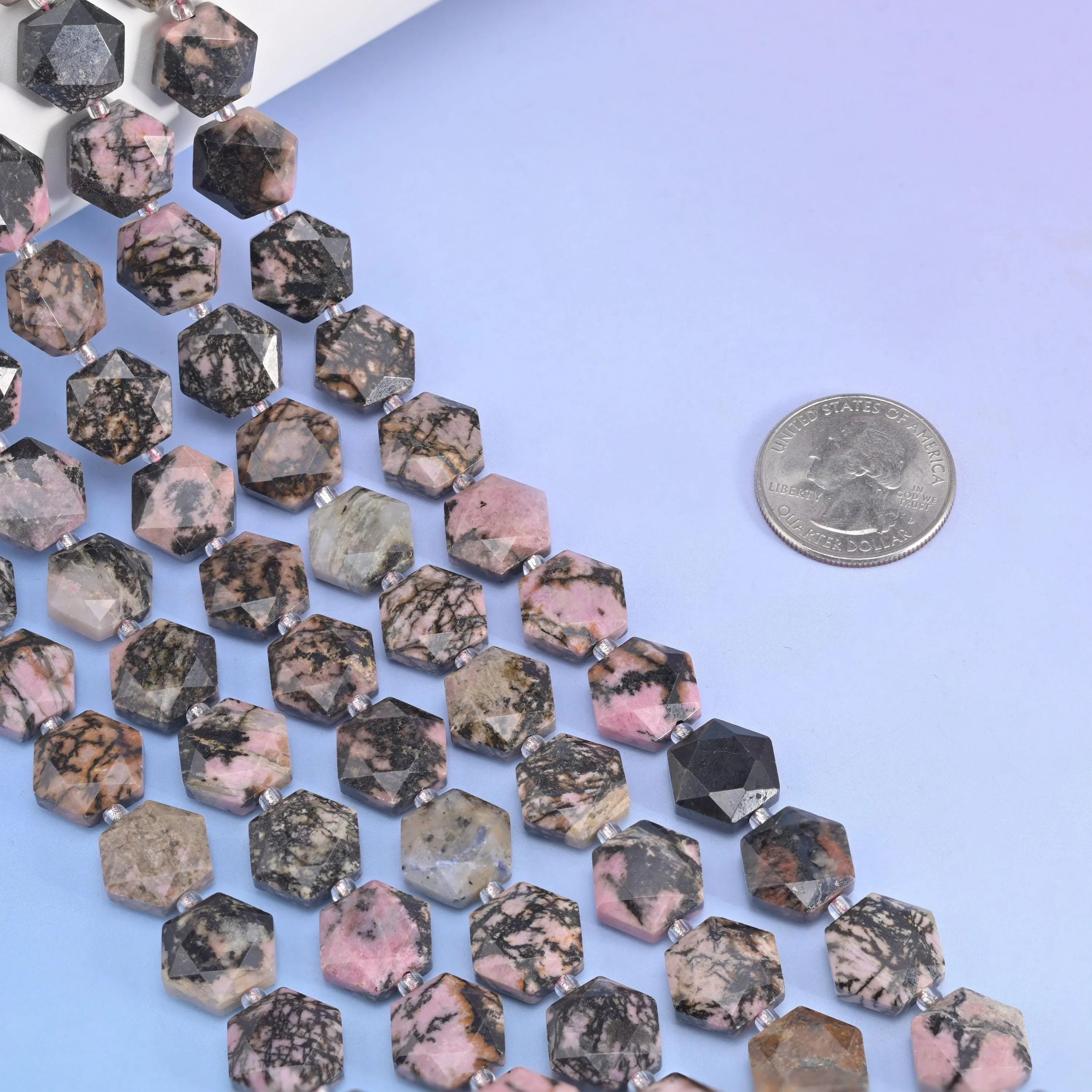 Flat faceted cut Rhodonite beads for jewelry making.