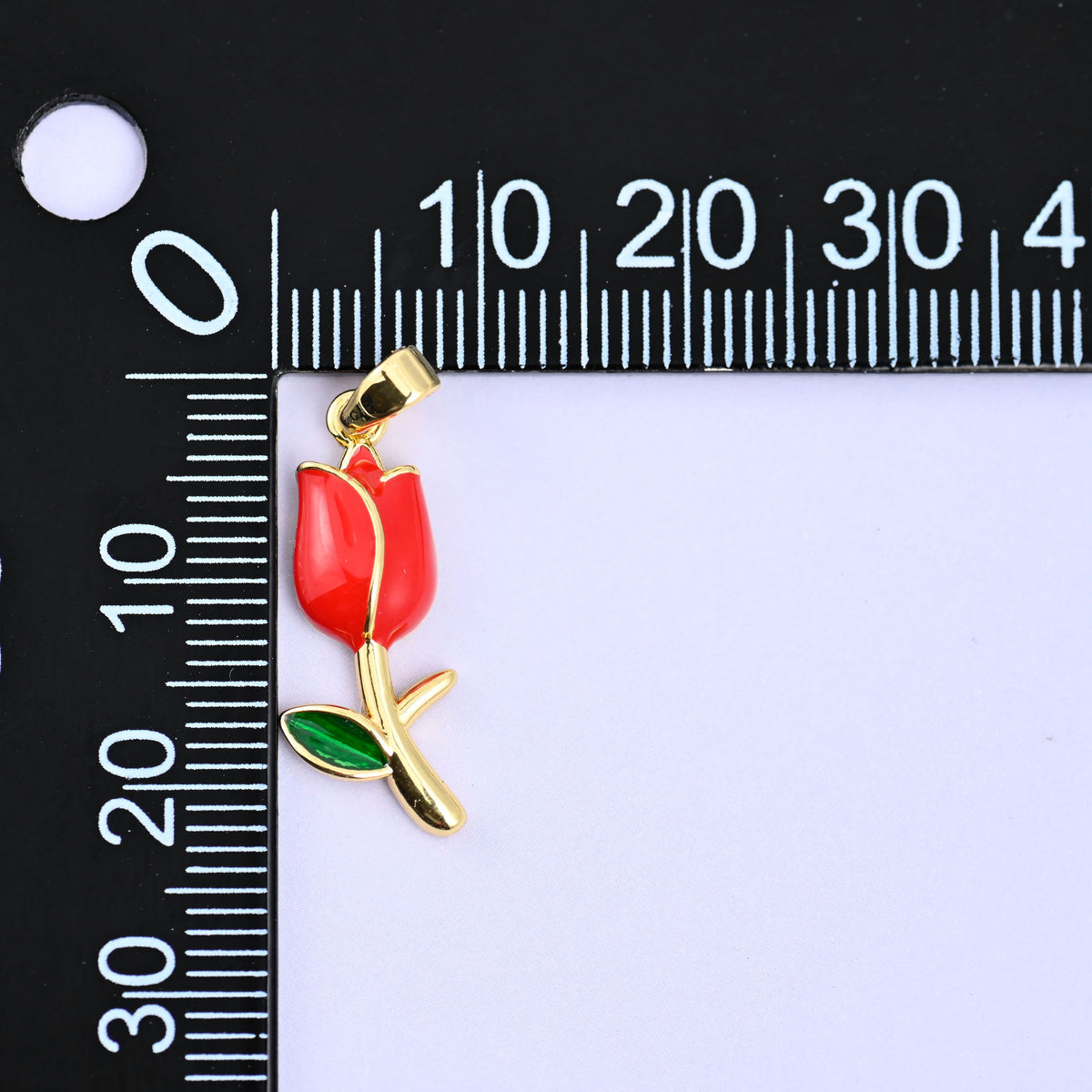 Enamel tulip charms, red 18K gold plated flower pendant front view with the 6 x 2.65mm fold-over bail