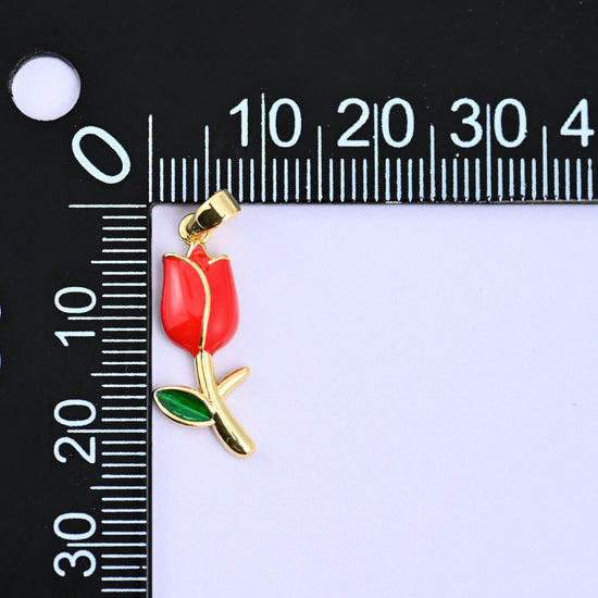 Enamel tulip charms, red 18K gold plated flower pendant front view with the 6 x 2.65mm fold-over bail