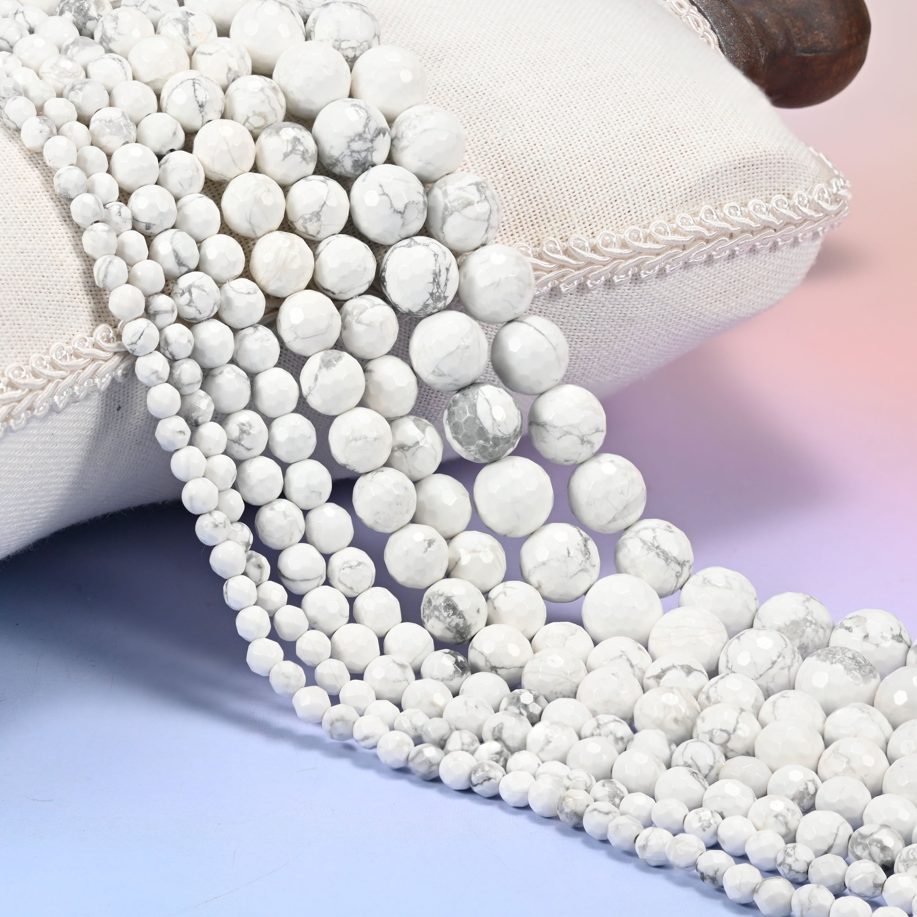 White Howlite Faceted Round Beads: Jewelry Making, 15 Inch Strand