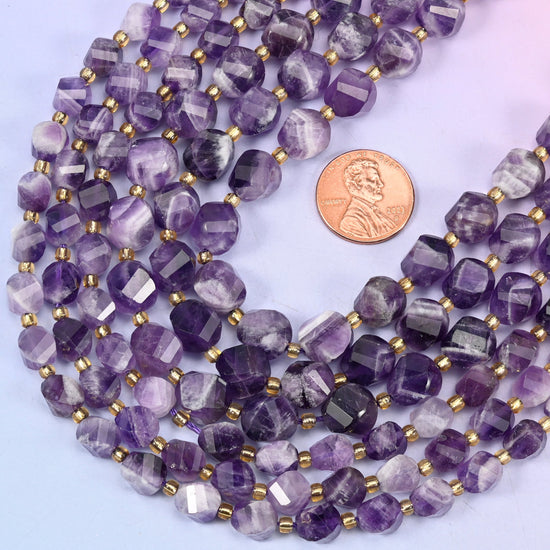Chevron Amethyst Faceted Spiral Twist Beads: Size 8mm 10mm, Jewelry Making, 15 inch Strand