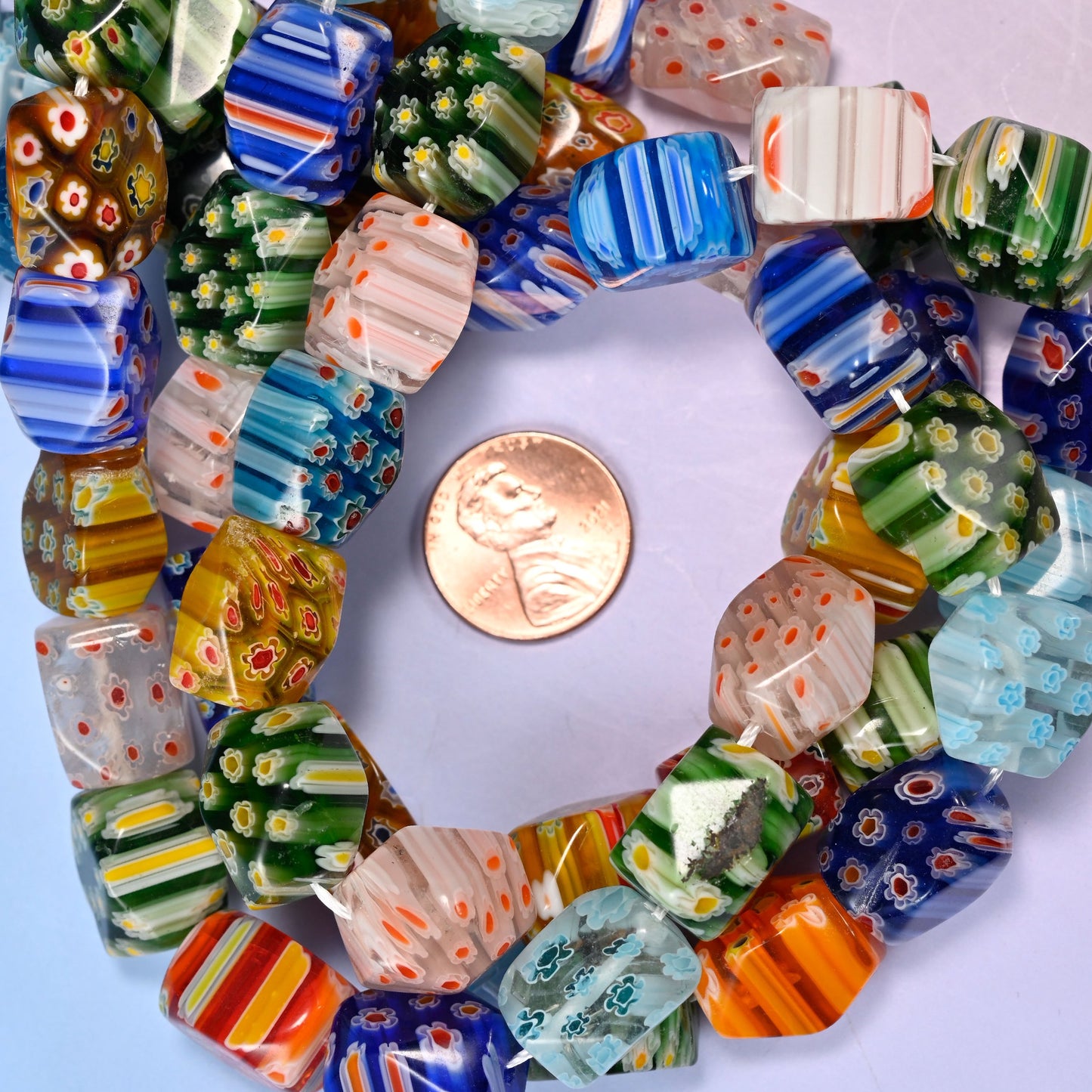 Colorful Millefiori Faceted Cuboid Glass Beads for jewelry making, 14.5 inch strand.