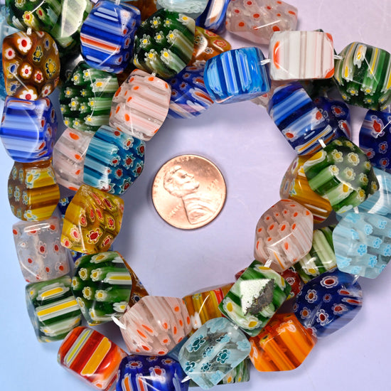 Colorful Millefiori Faceted Cuboid Glass Beads for jewelry making, 14.5 inch strand.