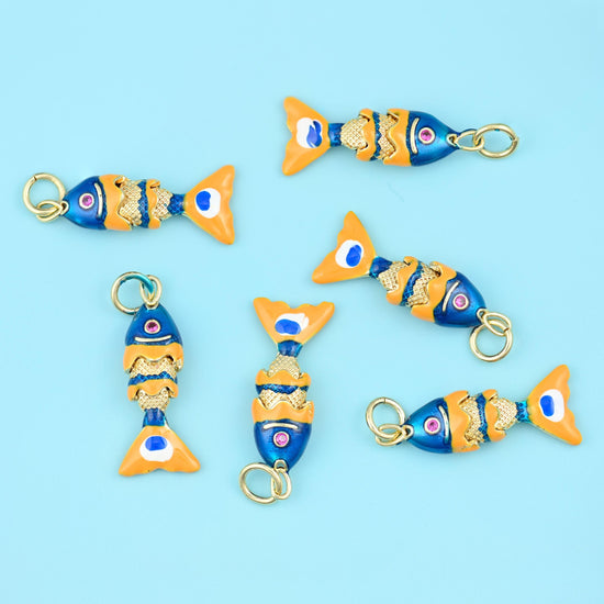 18K Gold Filled Blue Enamel Articulated Fish Charm 22.32x6.74mm