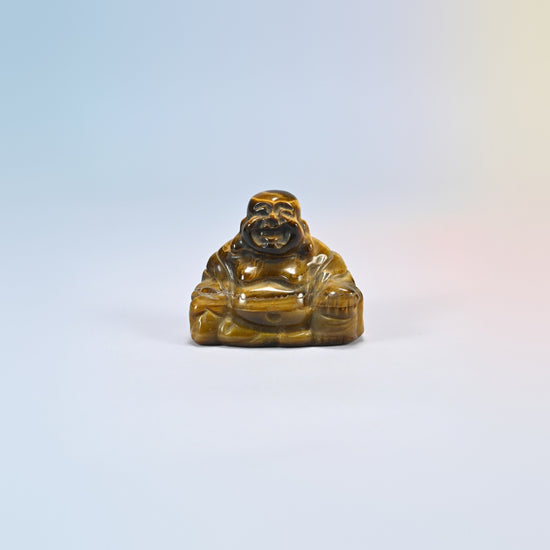 One tiger eye laughing Buddha crystal carving, golden brown natural stone with shimmering bands
