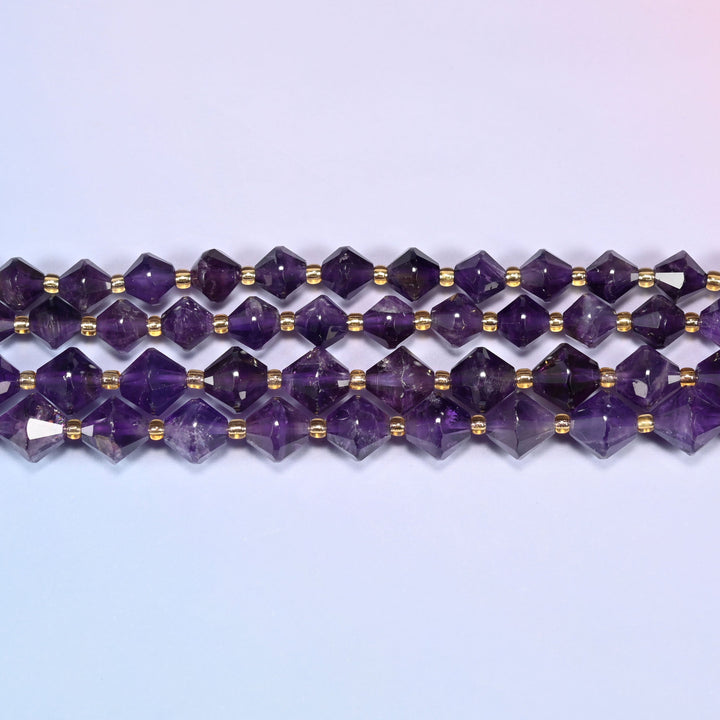 Dark amethyst faceted bicone beads in two level rows running straight across a blue background.