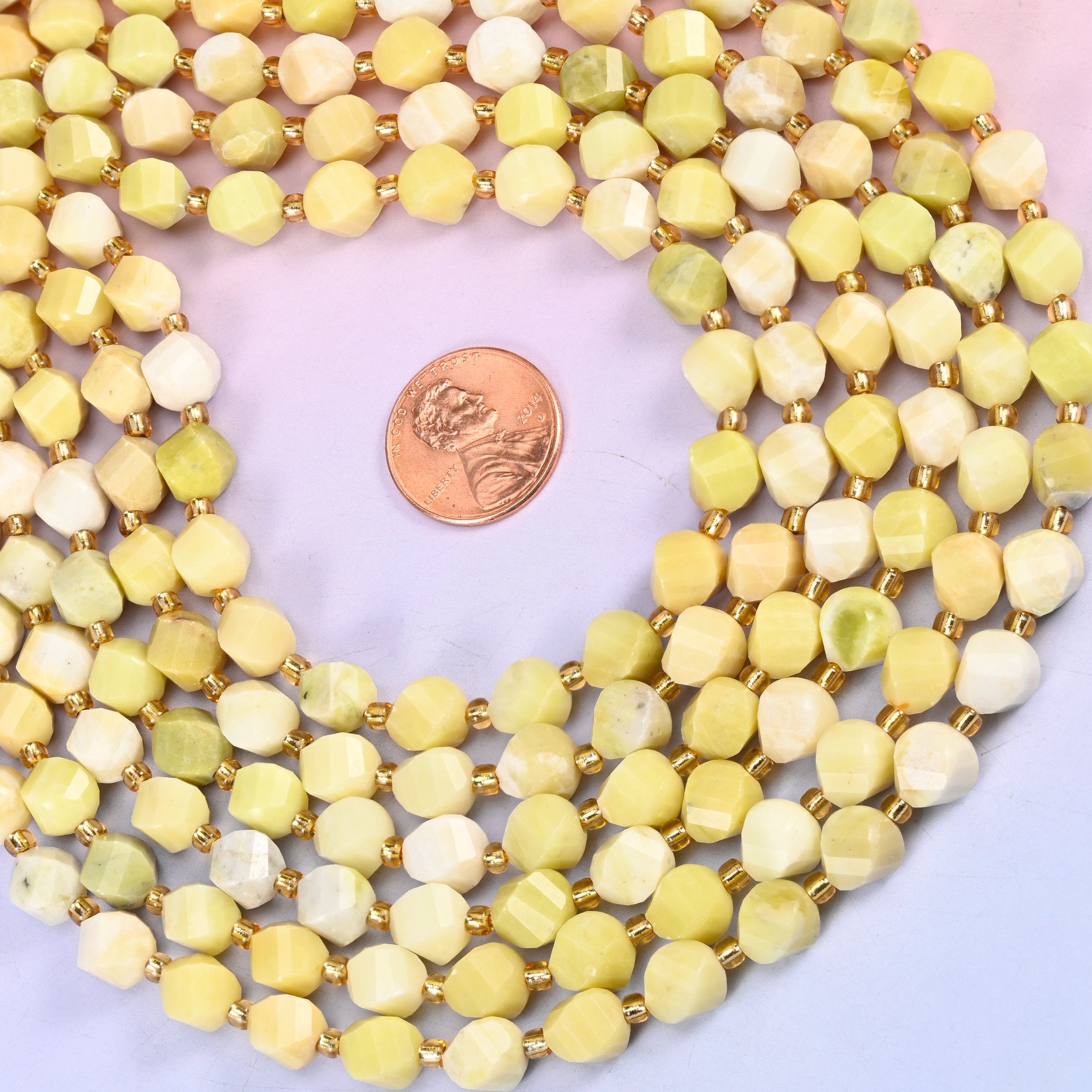 Lemon Jade yellow jade beads, 8mm faceted spiral twist beads on a full 15 inch strand