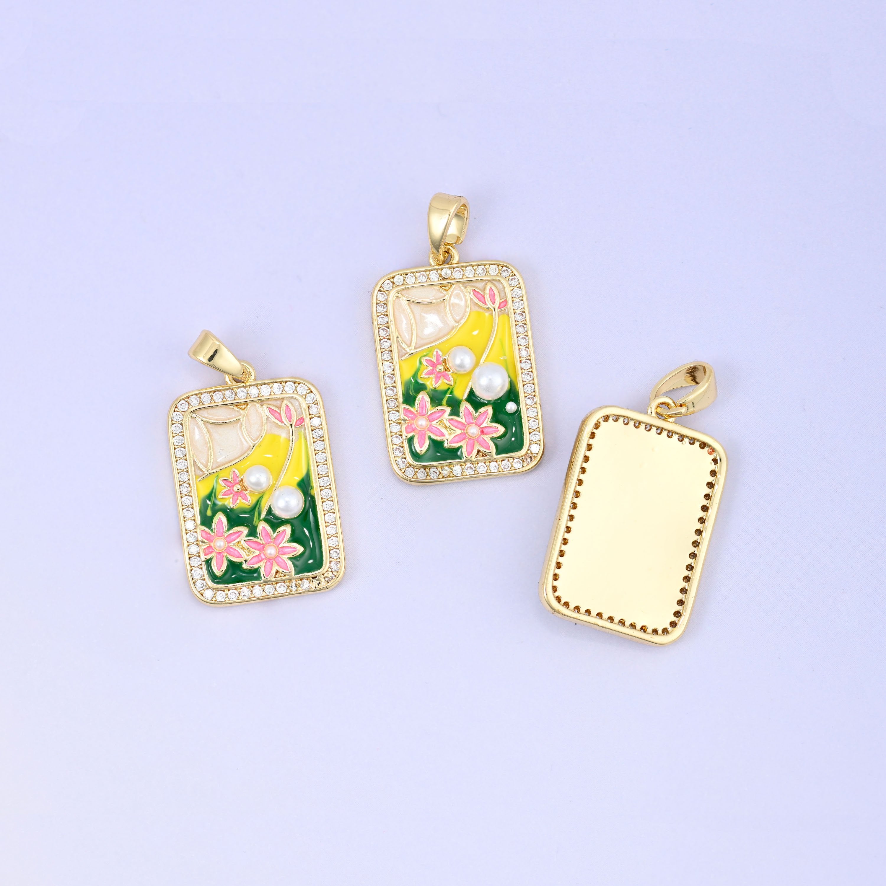 Flower Pearl Zircon Rectangle Pendants: 18K Gold Plated Charms, Jewelry Making Supply