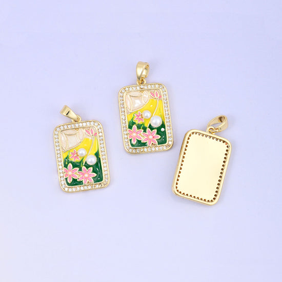 Flower Pearl Zircon Rectangle Pendants: 18K Gold Plated Charms, Jewelry Making Supply