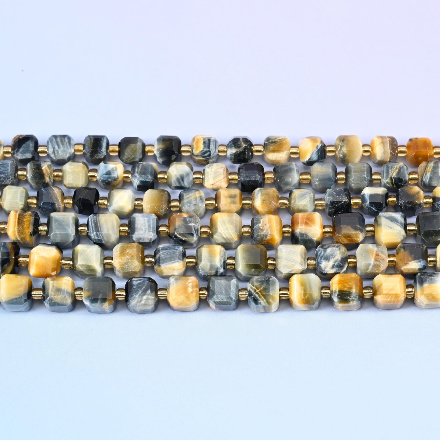 Dream Tiger Eye Faceted Cube Beads in golden honey, cream and steel blue-grey