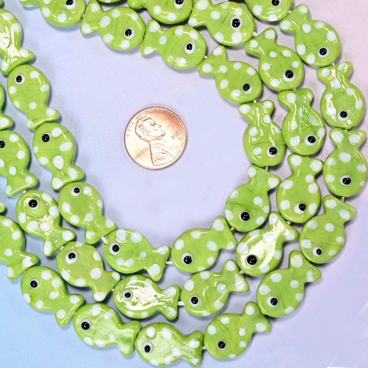 Lime Green with White Dot Fish Glass Beads, soft apple-lime glass scattered with creamy white dots