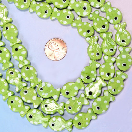 Lime Green with White Dot Fish Glass Beads, soft apple-lime glass scattered with creamy white dots