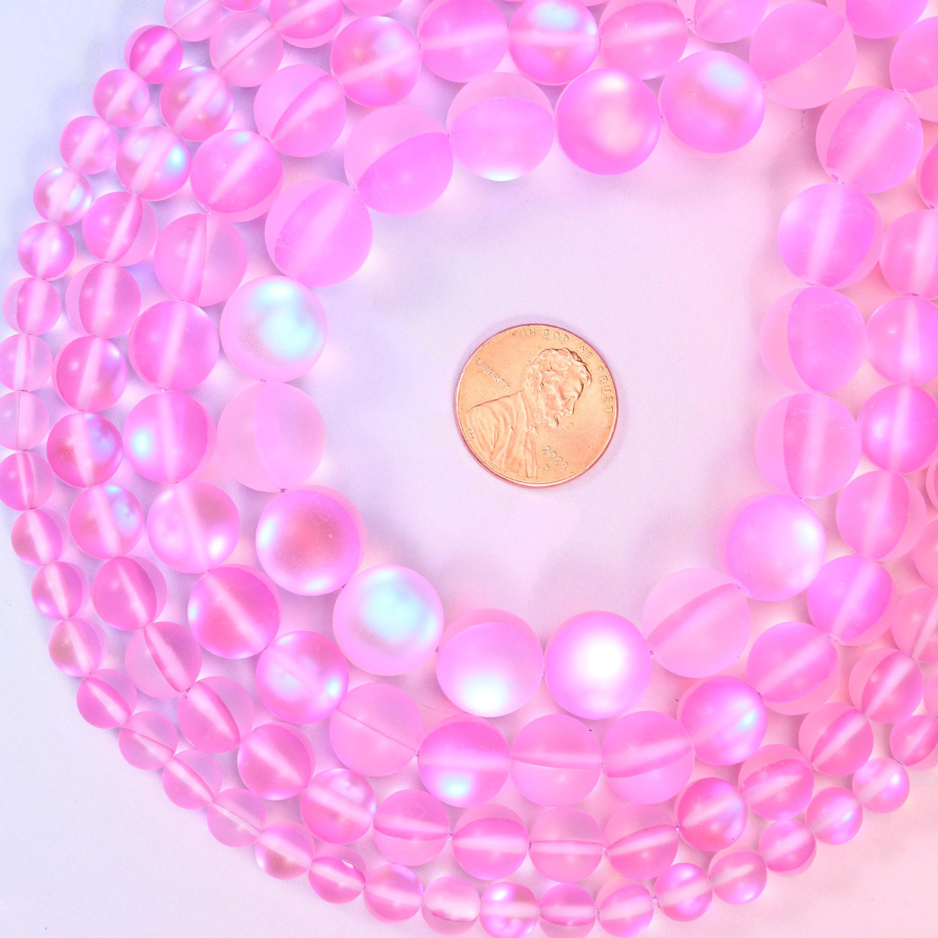 Iridescent Matte Pink Round Glass Beads, sold per 15 inch strand