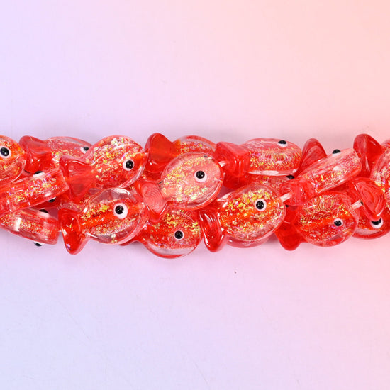 Red Glitter Fish Glass Beads, 20 beads per strand