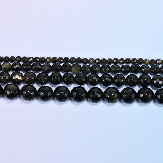 Gold Obsidian Faceted Round Beads: Jewelry Making, 15 Inch Strand