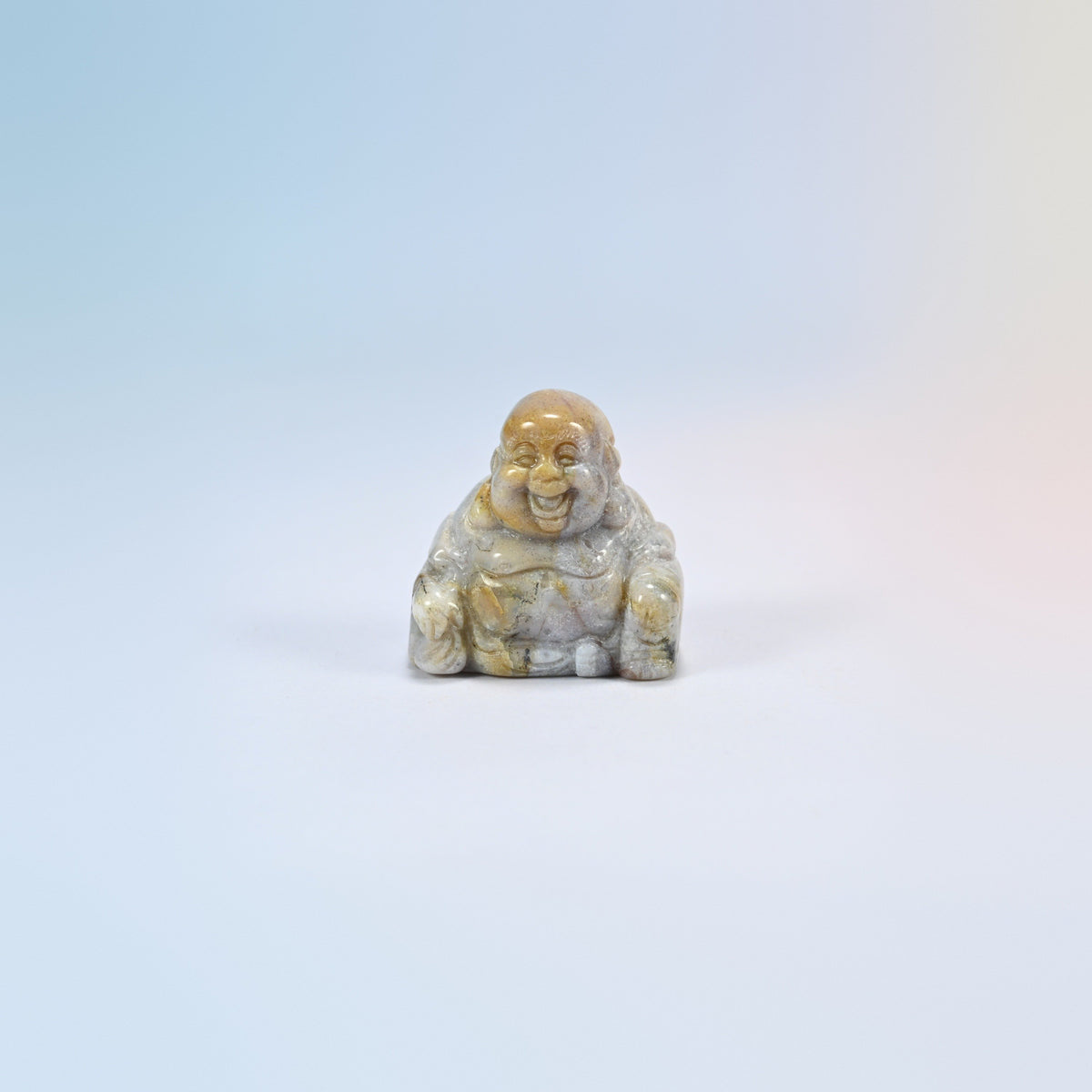 One gray agate laughing Buddha crystal carving, cream, tan and gray natural stone