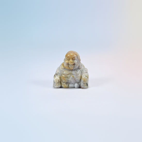 One gray agate laughing Buddha crystal carving, cream, tan and gray natural stone