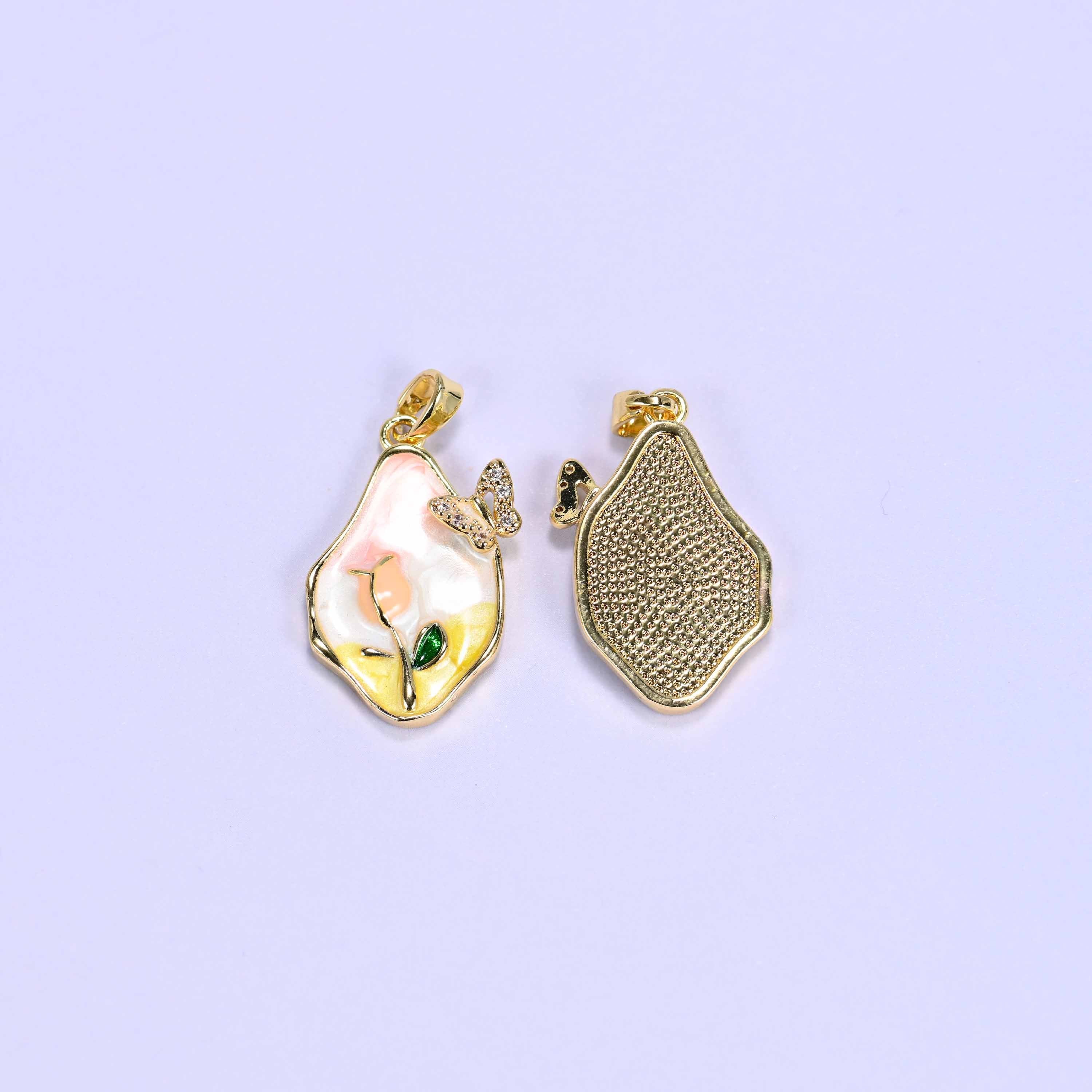 Tulip butterfly charm in pink and yellow enamel with a clear zirconia butterfly