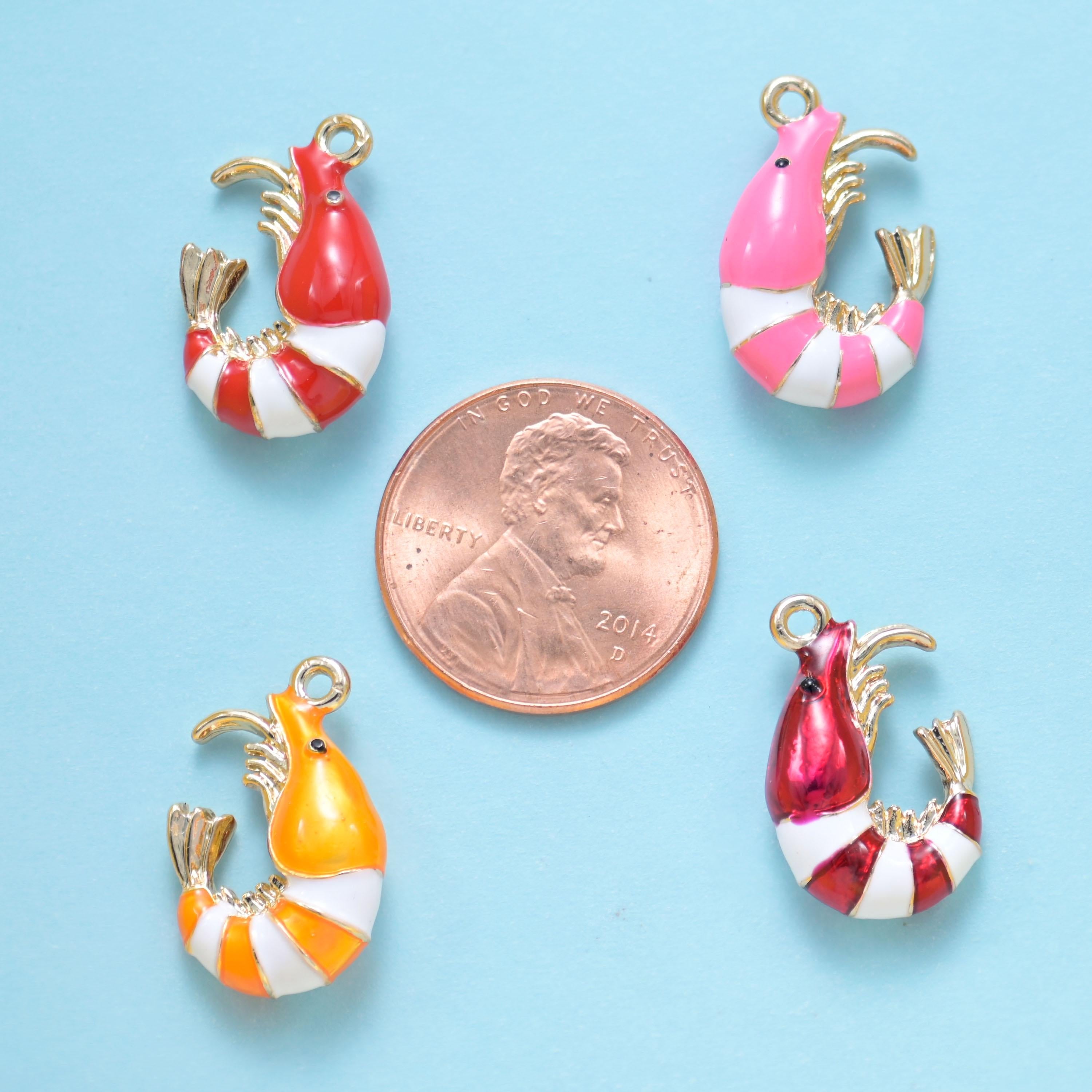 18K Gold Filled Enamel Shrimp Charm 18x12mm in available in red, pink, yellow and bright red — banded tails in white with…