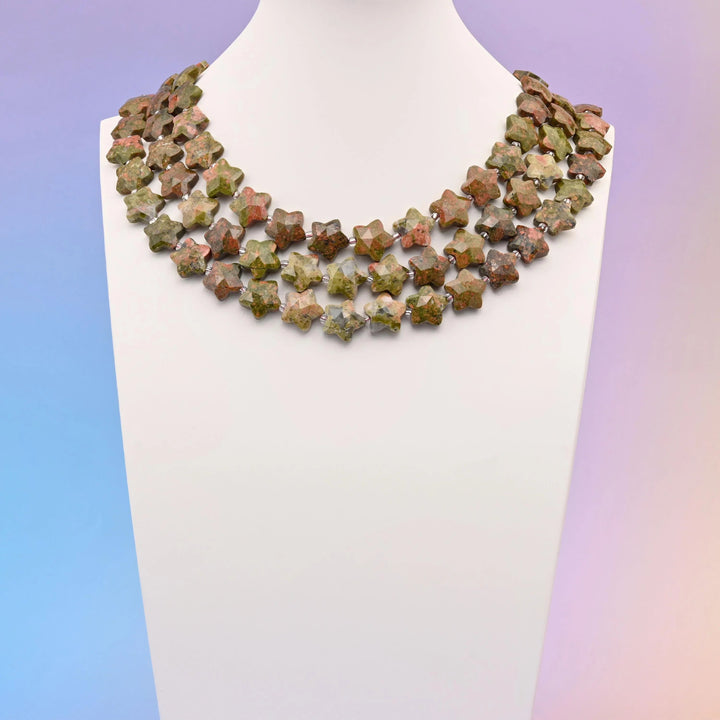 Unakite beads, faceted star shape, 14mm