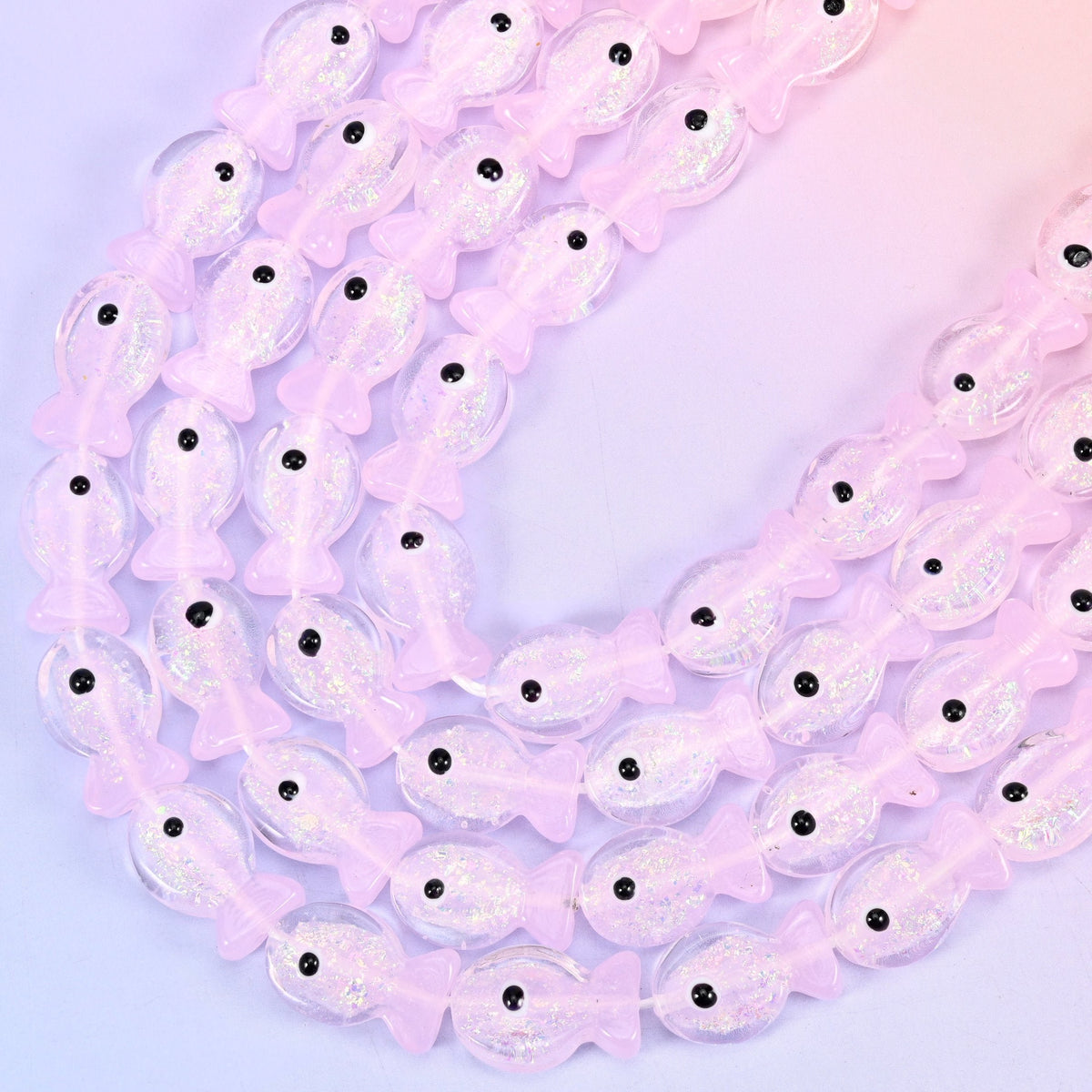 Iridescent Pink Fish Glass Beads, 15.5 inch strand