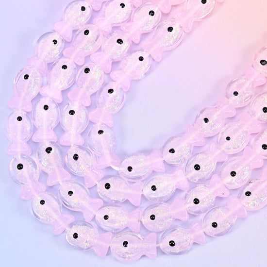 Iridescent Pink Fish Glass Beads, 15.5 inch strand