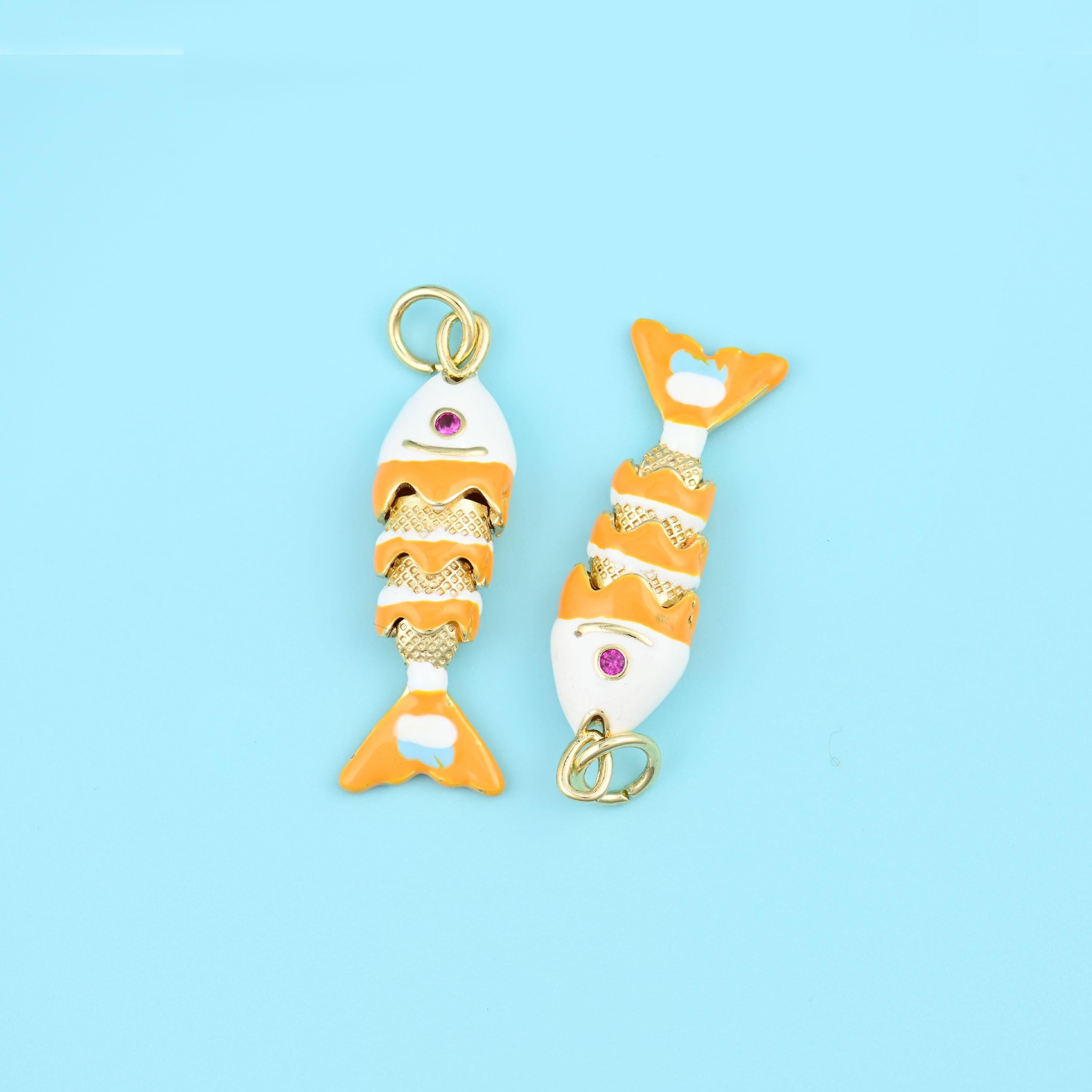 18K Gold Filled White Orange Enamel Fish Charm 27x7mm in orange and white enamel over gold, with a pink eye