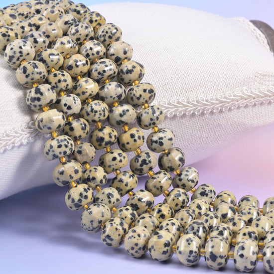 Dalmatian Jasper Pumpkin Rondelle Beads, natural stone in cream and beige