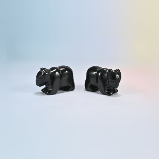 Two 2 inch black obsidian bear crystal carvings, glossy black natural stone